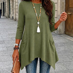 Women's Ribbed Asymmetrical Hem Top Crewneck Three Quarters Sleeve A-Line Casual Top