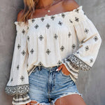 Vintage Tribal Placement Print Shirred Off Shoulder Flared Cuffs Blouse Casual Frill Trim Boho Top