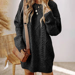 Round Neck Long Sleeve Drop Shoulder Pullover Sweater Casual Loose Fit Cable Knit Mid Length Sweater
