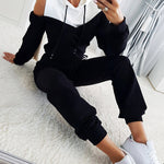 2 Pieces Outfit Colorblock Cold Shoulder Long Sleeve Drawstring Hoodie Top and Casual Contrast Striped Decor Elastic Waist Jogger Pants Set