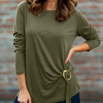 Women's Crewneck Long Sleeve Loose Fit Top Side Buckle Ruched Draped Tie Detail Casual Tee
