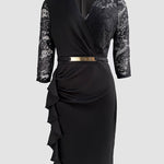 Metal Decor V-Neck Lace Spliced Three Quarters Sleeves Ruffles Design Evening Dress Zipper Back Slit Slim Fit Party Dress with Belt