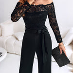 Off Shoulder Long Sleeve Eyelash Lace Spliced Slim Fit Overalls Casual Zipper Back Jumpsuit with Belt