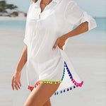 Turn-down Collar Roll Up Sleeve Tassel Hem Pompom Side Slit Straight Dress Casaul Dress