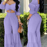 Sweetheart Neck Puff Sleeve Drawstring Front Shirred Overalls Casual Cutout Front Ruffle Hem Wide Leg Jumpsuit