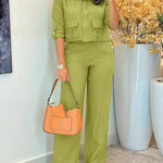 2 Pieces Outfit Turn-down Collar Turn-Up Sleeves Button Front Flap Pockets Design Top and Causal Zipper Fly Elastic Back Waist Wide Leg Pants Set