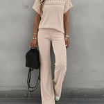 Women's 2 Piece Knit Set Lace Patchwork Short Sleeve Top and Wide Leg Pants Casual Ribbed Brushed Lounge Set