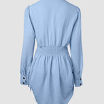 Turn-down Collar Roll Up Sleeve Button Down Shirt Dress Casual Shirred Back Side Drawstring Mini Dress