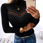 Women's Rhinestone Sheer Mesh Spliced Top Mock Neck Long Sleeve Knit Top Sparkly Fitted Pullover