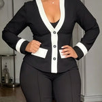 Women's Contrast Binding Coat Casual Slim Fit V Neck Jacket Button Front Office Business Workwear