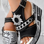 Newspaper Rhinestone Gear Pattern Slingback Platform Wedge Sandals