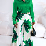 2 Pieces Outfit Long Sleeve Satin Blouse and Casual Floral Print High Waist Wide Leg Pants Set
