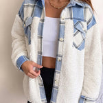 Women's Plaid Patchwork Fleece Shacket Casual Long Sleeve Button Down Faux Shearling Jacket