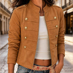 Women's Suede Crop Bomber Jacket Casual Stand Collar Double Breasted Gold Button Coat