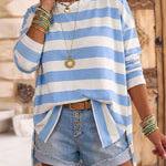 Women's Striped T Shirt Long Sleeve Drop Shoulder Crewneck Tee Side Slit Casual Loose Fit Top