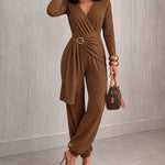 Women's Glitter Tied Detail High Waist Jumpsuit Overlap V Neck Long Sleeve Overalls