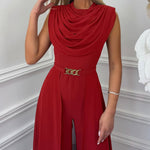 Women's Cowl Neck Wide Leg Jumpsuit High Waist Sleeveless Chiffon Overlay Spliced Evening Overalls with Belt