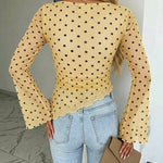 Women's Polka Dot Mesh Top Flare Long Sleeve Boat Neck Lined Asymmetric Frill Hem Blouse Vintage Party Shirt