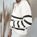 Women's Half Zip Striped Sweater Colorblock Turn-down Collar Knit Pullover Drop Shoulder Loose Fit Top