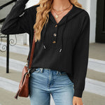 Solid Color Hooded Loose-Fitting Long-Sleeved Sweatshirt with Buttons
