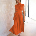 Stand Collar Solid Color Hollow Waist Long Dress