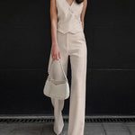 Nadorine Cotton Linen Vest Wide-leg Pants Two-piece Set Summer Slanted Buckle Design Suit