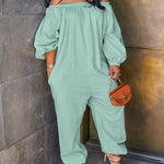 Nadorine Women's Casual Solid Cold Shoulder Long Sleeve Jumpsuit Loong Plus Size Pocket Rompers Overlay Suit