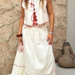 Sunny Day Linen Blend Contrast Embroidered Print Scallop Trim Lace-up Top