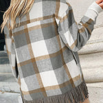 Plaid Snap Button Pocket Fringed Hem Shacket