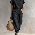 Women's Minimalist Linen Blend Button-up High-neck Short-sleeved Jumpsuit