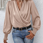 Nadorine Elegant V-neck Lantern Sleeve Blouse Temperament Solid Color Shirt for Women Casual Work Office Loose Fit 2026 | Under $40