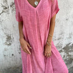 Bayside Bliss Linen Blend Short Sleeve Pleated Loose Midi Dress