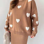 Nadorine Women's Chic Two-piece Set Hearts Knit Pullover and Hip Wrap Skirt