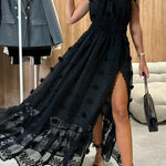 Gloria Embroidery Flowers Elastic Waist Halter Backless Slit Maxi Dress