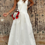 White Waist Loose Hem Sleeveless Round Neck Long Dress