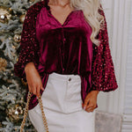 Sequin Patchwork Sleeve Button Up Velvet Top