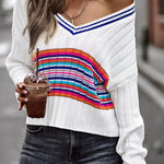 Striped Contrast V-Neck Dropped Shoulder Sweater