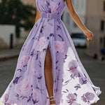 Light Green Floral Ruched One Shoulder A-Line Maxi Chiffon Dress
