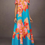 A-Line Loose Elasticity Flower Print Pleated Split-Joint Off-The-Shoulder Maxi Dresses