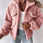 Textured Striped Turn-down Collar Button Front Elastic Cuff and Hem Teddy Fleece Jacket With Decorative Flap Pockets