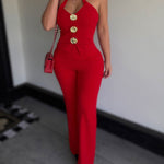 Women's Criss Cross Halter Front Gold Button Flare Jumpsuit Elegant Evening Overalls