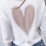 Pearls Decor Sheer Heart Pattern Mesh Spliced Tee Casual Drop Shoulder Long Sleeve Top
