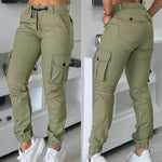 Zipper Fly Drawstring Elastic Back Waist Cuffed Trousers Casual Multiple Flap Pockets Design Cargo Pants