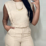 2 Pieces Outfit 3D Cutting Decor Design Cap Sleeve Hollow-out Back Crop Top and Casual Zipper Fly Seam Front Straight Pants Set