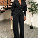 Women's 2 Piece Set V-Neck Cinched Waist Gigot Sleeve Top and High Waist Wide Leg Pants Elegant Set