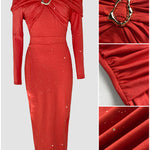 Off Shoulder Long Sleeve Chic Mental Buckle Ruched Mid-Calf Dress