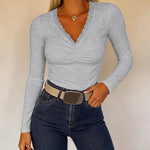Women's Lace V Neck Ruched T Shirt Slim Fit Long Sleeve Tee Casual Elegant Top