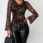 Women's Vintage Floral Mesh Cowl Neck Ruched Side Flare Long Sleeve Top