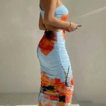 Women's One Shoulder Floral Mesh Midi Dress Ruched Cut Out Bodycon Dress Sleeveless Cocktail Dress
