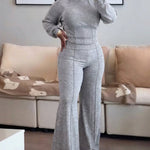 2 Pieces Outfit O-neck Long Sleeve Cinched Waist Sweatshirt and Elastic Waist Wide Leg Pants Set Casual Seam Design Sweatpants Set